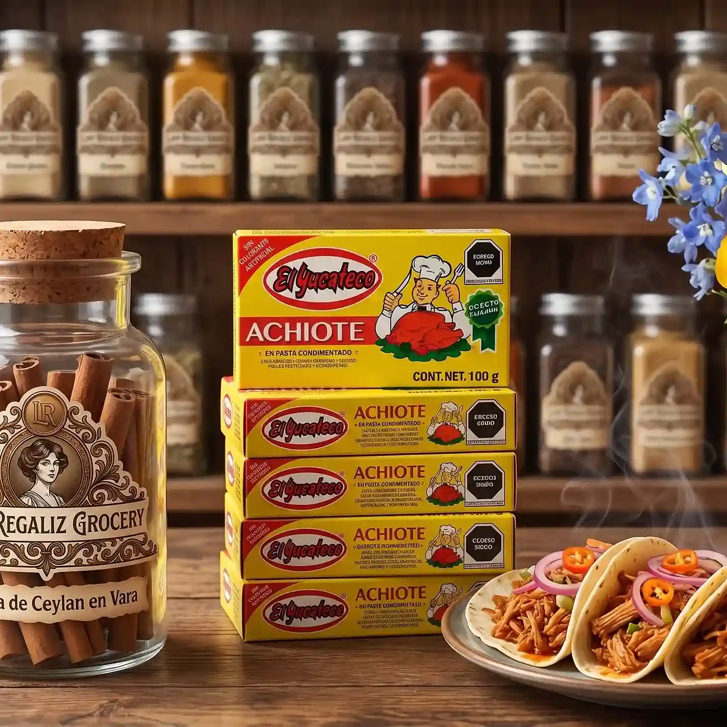 Cajas de achiote de 100g marca el yucateco, sobre mesa de madera, acompañadas de un frasco de canela en vara y tacos de cochinita pibil, al fondo un estante de madera con frascos de especias de Lady Regaliz Grocery.