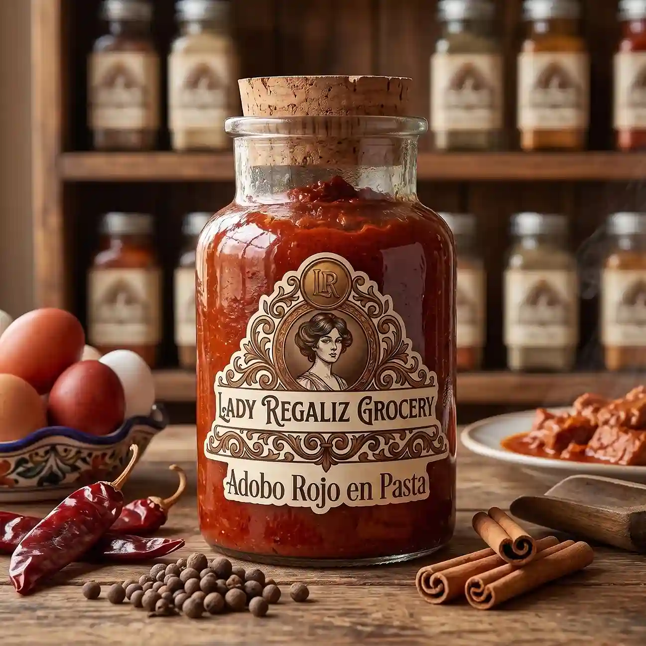 Adobo rojo tradicional en pasta de textura densa en frasco rústico de vidrio. sobre mesa de madera, acompañado de chiles secos, varas de canela, semillas de pimienta gorda, huevera con huevos blancos y rojos, palita de madera y un plato de pollo en adobo rojo, al fondo un estante de madera con frascos de condimentos de Lady Regaliz Grocery.