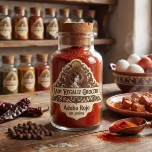 Mezcla de adobo rojo en polvo fino en frasco artesanal vintage de botica, sobre mesa de madera, acompañado de chiles secos, varas de canela, semillas de pimienta gorda, huevera con huevos blancos y rojos, palita de madera y un plato de pollo en adobo rojo, al fondo un estante de madera con frascos de condimentos de Lady Regaliz Grocery.