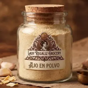 Ajo en polvo de tono beige claro en frasco de vidrio de botica de Lady Regaliz Grocery.