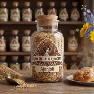 Semillas de ajonjolí natural en frasco de vidrio de botica antigua sobre mesa de madera rústica, a lado un montoncito de ajonjolí, una palita de latón, un pan de feria con ajonjolí recién horneado, al fondo unos girasoles y un estante con frascos de especias en Lady Regaliz Grocery.