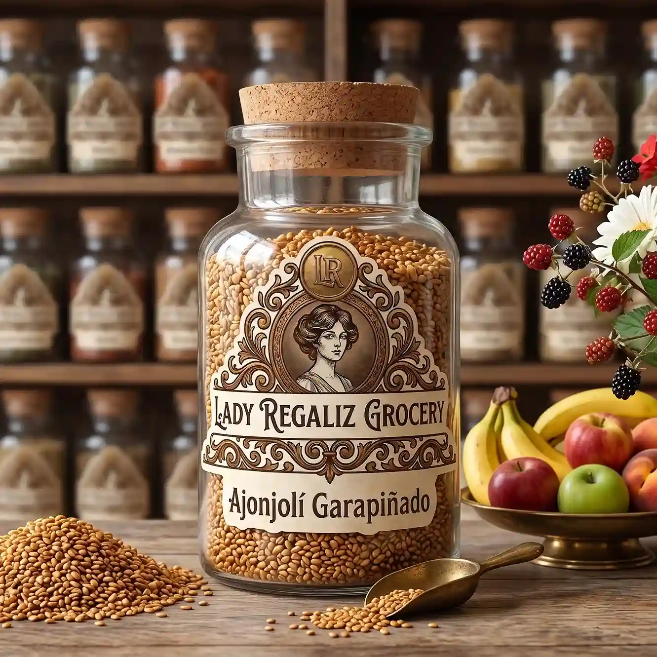 Semillas de ajonjolí garapiñado crujiente de tono dorado en frasco vintage de época, sobre mesa de madera, acompañado de un montoncito de ajonjolí garapiñado, palita de latón, florero con frutas frescas, claveles blancos y rojos con vainas de moras en lechera de latón, al fondo un estante de madera con frascos de frutas deshidratadas de Lady Regaliz Grocery.
