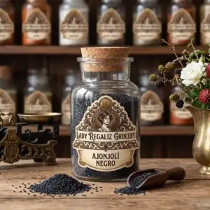 Semillas de ajonjolí negro brillante en frasco artesanal de botica vintage, sobre mesa de madera, con bascula antigua, montoncito de ajonjolí negro, palita de madera, claveles y vainas de mora dentro de lechera de latón, al fondo un estante de madera con frascos de frutas deshidratadas de Lady Regaliz Grocery.