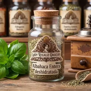 Hojas de albahaca entera deshidratada en frasco tradicional de vidrio sobre mesa de madera con manojo de albahaca fresca, molino antiguo y palita de madera, al fondo más frascos de especias y condimentos en Lady Regaliz Grocery.