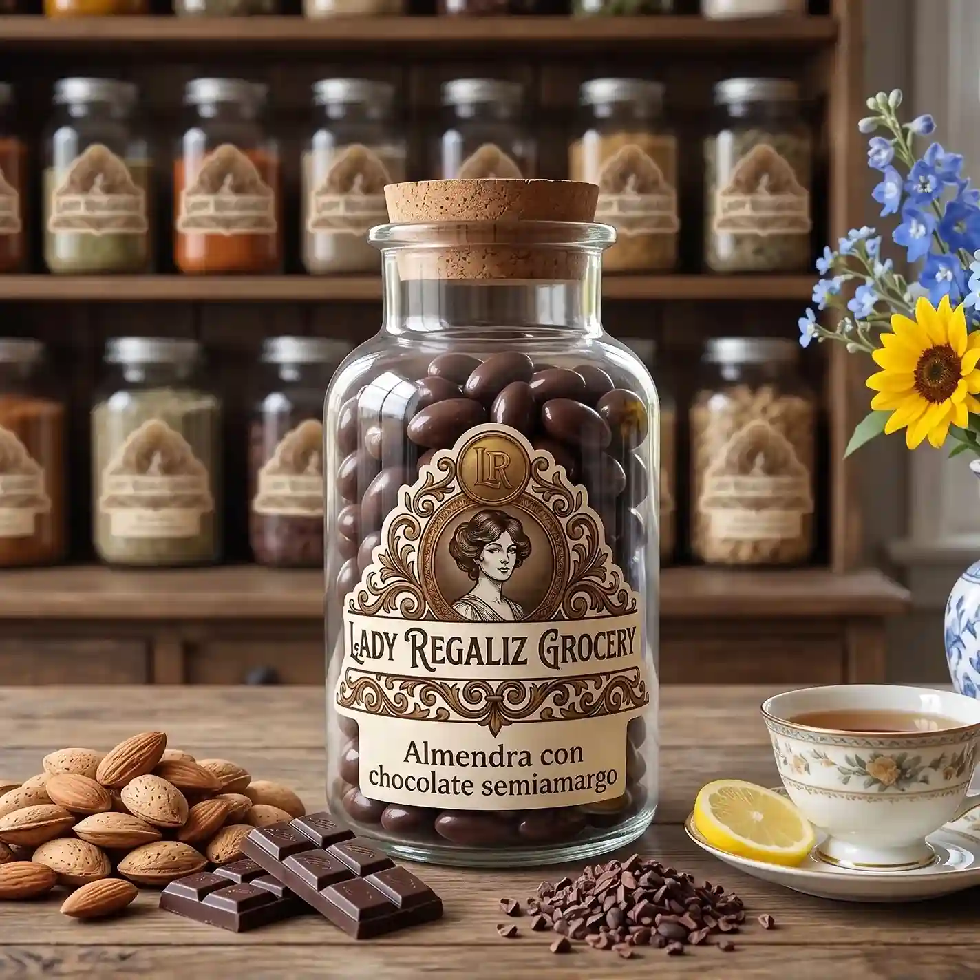 Almendras cubiertas de chocolate semi amargo, en frasco de vidrio antiguo con tapón de corcho, sobre mesa de madera, acompañado de montoncito de almendras frescas, tablillas de chocolate, trocitos de chocolate, taza de té con platito de porcelana, flores azules y amarillas en florero azul de porcelana, al fondo un estante de madera con frascos de frutos secos de Lady Regaliz Grocery.