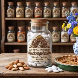 Almendras blancas de alta calidad confitadas, conocidas como peladilla, en frasco de vidrio antiguo con tapón de corcho, sobre mesa de madera rústica, acompañado de un montoncito de almendras, de peladillas, pay de almendras, flores azules y amarillas en florero de porcelana blanco, al fondo un estante de madera con frascos de frutos secos de Lady Regaliz Grocery.
