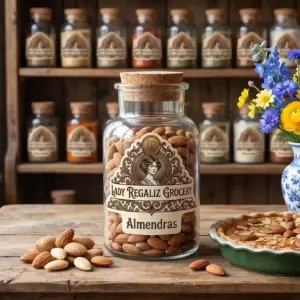 Almendras de alta calidad en frasco de vidrio antiguo con tapón de corcho, sobre mesa de madera rústica, acompañado de un montoncito de almendras, pay de almendras, flores azules y amarillas en florero de porcelana blanco, al fondo un estante de madera con frascos de frutos secos de Lady Regaliz Grocery.