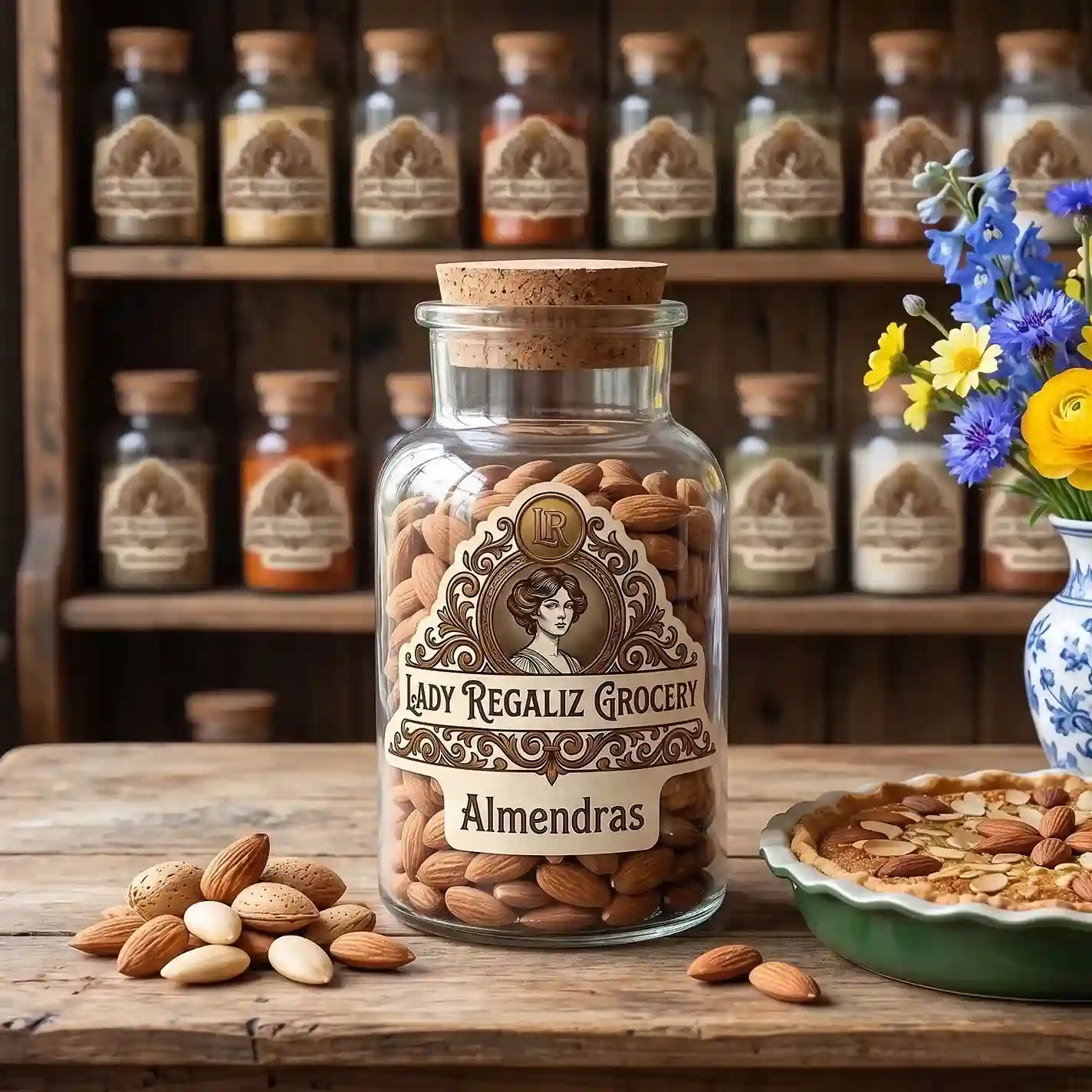 Almendras de alta calidad en frasco de vidrio antiguo con tapón de corcho, sobre mesa de madera rústica, acompañado de un montoncito de almendras, pay de almendras, flores azules y amarillas en florero de porcelana blanco, al fondo un estante de madera con frascos de frutos secos de Lady Regaliz Grocery.
