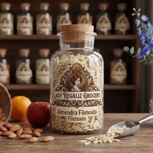 Almendras fileteadas en rebanadas delgadas dentro de frasco tradicional de vidrio sobre mesa de madera, a un lado una manzana, una naranja y una cesta con almendras, a un lado una palita de latón y al fondo un estante con frascos de condimentos en Lady Regaliz Grocery.
