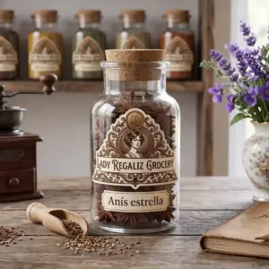 Estrellas de anís enteras y secas en frasco de vidrio antiguo con etiqueta de época, sobre mesa de madera con molino artesanal antiguo, palita de madera y cuaderno de piel con florero blanco y flores moradas en Lady Regaliz Grocery.