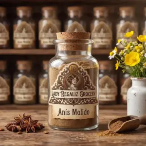 Anís molido aromático en frasco de vidrio antiguo con tapón de corcho sobre mesa de madera rustica con semillas de anís y anís molido, flanqueado por una palita de madera y un florero blanco con flores amarillas en Lady Regaliz Grocery.