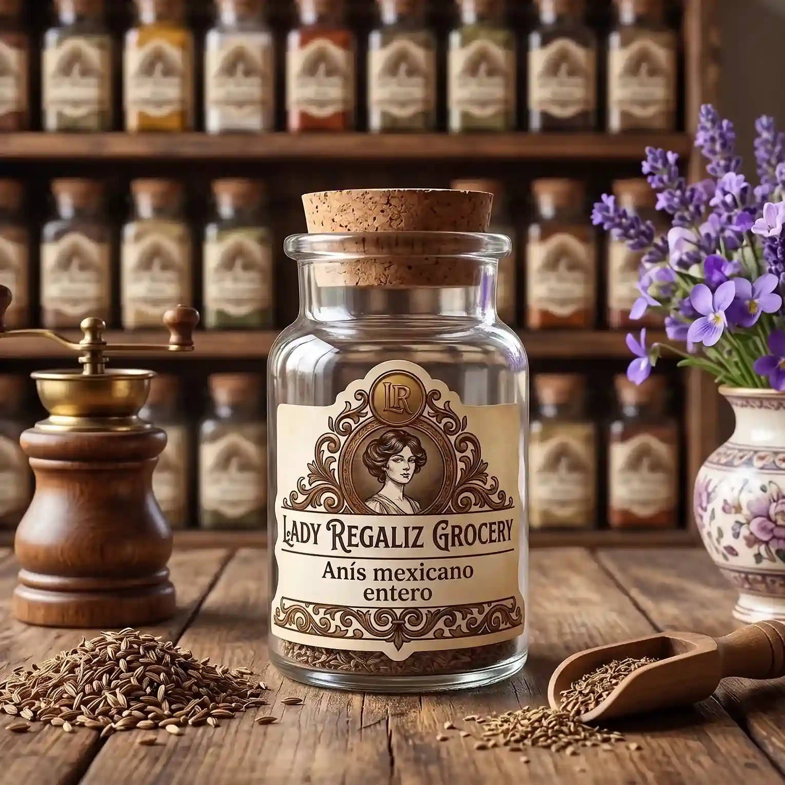 Semillas de anís nacional aromático en frasco de vidrio de época para la sección de especias, sobre mesa de madera con molino vintage artesanal, montoncito de semillas de anís, palita de madera, florero con dibujos morados y flores moradas, al fondo la estantería de Lady Regaliz Grocery.