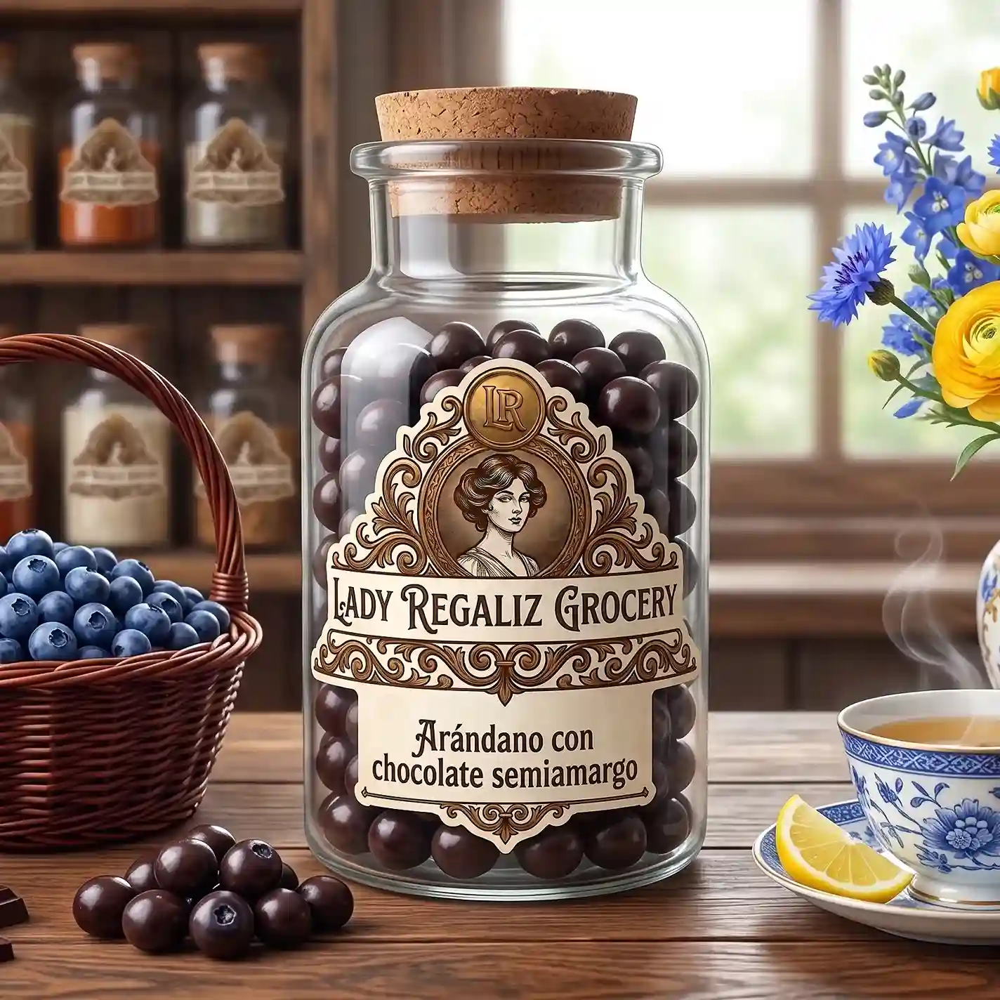 Arándano deshidratado cubierto de chocolate semi amargo, en frasco de vidrio con tapón de corcho, sobre mesa de madera, acompañado de tacita de té con platito de porcelana, flores amarillas y azules en florero de porcelana, al fondo un estante de madera con frascos de frutos secos de Lady Regaliz Grocery.