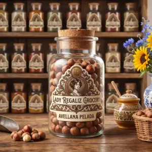 Avellanas peladas enteras de tono marrón claro en frasco artesanal vintage, sobre mesa de madera, acompañado de palita de latón, montoncito de avellanas, tarro de miel, canastita con avellanas, flores azules y girasoles dentro de florero de porcelana, al fondo un estante de madera con frascos de frutos secos de Lady Regaliz Grocery.