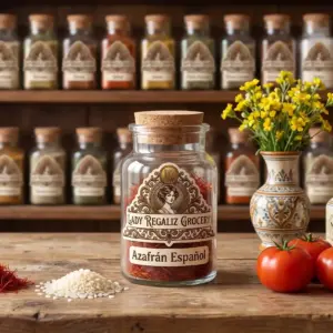 Pistilos de azafrán español legítimo de tono rojo intenso en frasco artesanal vintage sobre mesa de madera con un montoncito de arroz, azafran español, jitomates y un florero largo con flores amarillas de Lady Regaliz Grocery