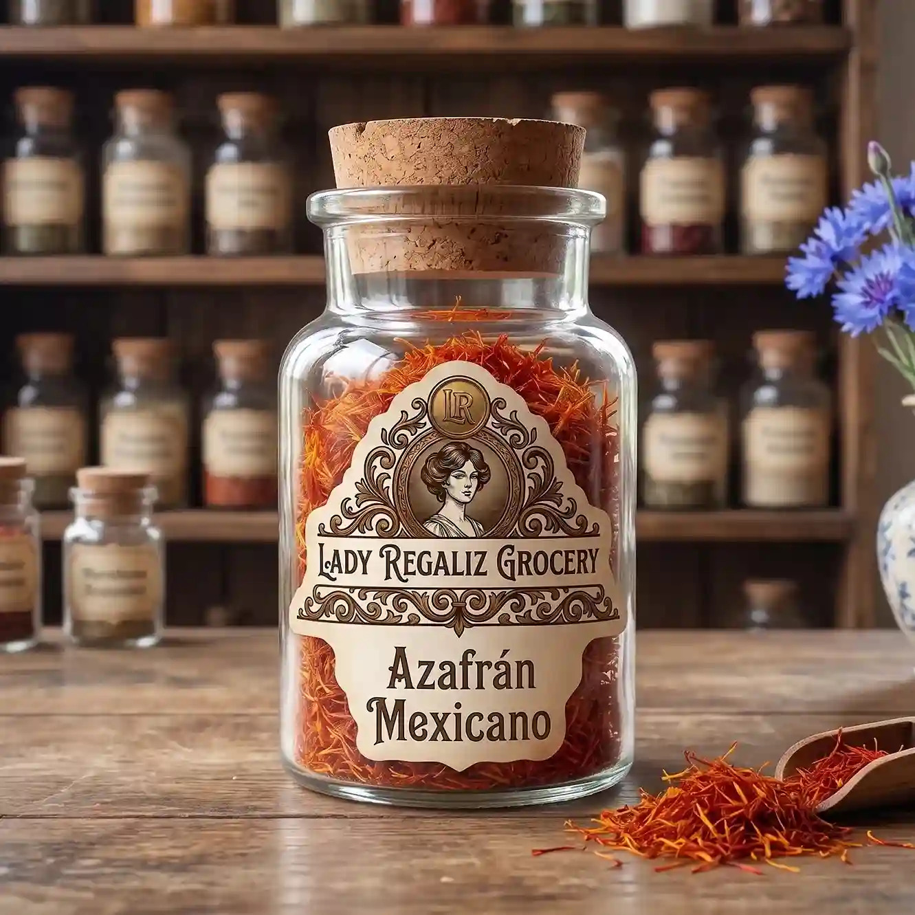Hebras de azafrán mexicano de color naranja brillante en frasco de vidrio de época, sobre mesa de madera con palita de madera y florero de porcelana con flores moradas, al fondo la estantería de la tienda de Lady Regaliz Grocery.