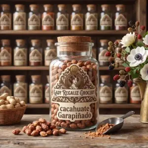 Cacahuates garapiñados dulces y crujientes en frasco rústico tradicional de vidrio, sobre mesa de madera, acompañado de canasta de mimbre con cacahuates con cáscara, cacahuates garapiñados, palita de latón con caramelo, claveles blancos y rojos con vainas de moras en lechera de latón, al fondo un estante de madera con frascos de frutas deshidratadas de Lady Regaliz Grocery.