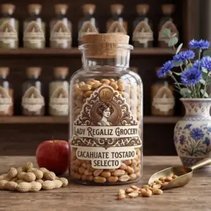 Cacahuates tostados sin cáscara en frasco de vidrio rústico sobre mesa de madera, acompañado de una manzana roja y cacahuates con cáscara, florero de porcelana con flores azules y palita de cobre, al fondo estantería con frascos de frutos secos en Lady Regaliz Grocery.