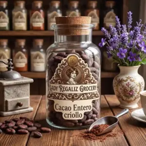 Granos de cacao entero criollo tostado en frasco de vidrio antiguo con tapón de corcho, sobre mesa de madera con molino artesanal, semillas de cacao, polvo de cacao, palita de aluminio y florero blanco con dibujos dorados y flores moradas de Lady Regaliz Grocery.