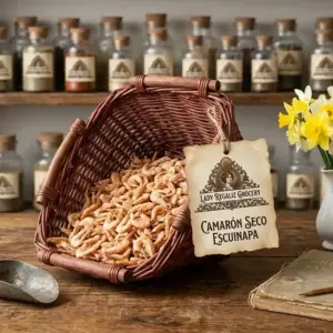 Camarones secos enteros con cabeza originarios de Escuinapa en canasta de mimbre color caoba, sobre mesa de madera con palita de latón, al fondo un estante de madera con frascos de frutos secos de Lady Regaliz Grocery.