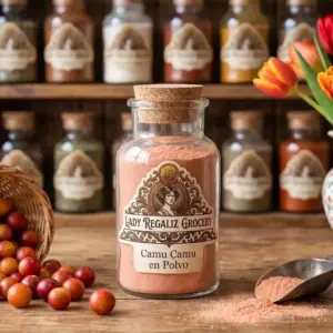 Camu camu en polvo fino de tono beige rosado en frasco artesanal rústico, sobre mesa de madera con canastilla y fruta camu camu fresca, palita de aluminio y florero con tulipanes, al fondo más frascos de la tienda Lady Regaliz Grocery.