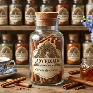 Varas de canela de Ceylán enrolladas y secas en frasco alto de vidrio de época sobre mesa de madera con una taza de porcelana, varas de canela y un tarro de miel, al fondo una estantería con más frascos en Lady Regaliz Grocery.