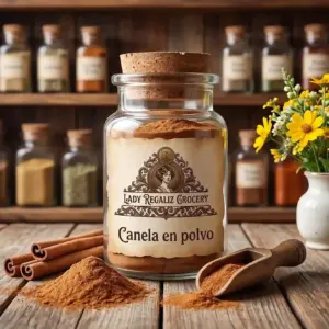 Canela en polvo de color café canela en frasco vintage de época, con montoncito de canela molida y varas de canela con palita de madera y de fondo un florero blanco con flores amarillas de Lady Regaliz Grocery.
