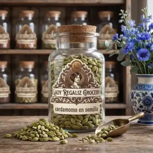 Vainas de cardamomo entero verde en frasco de vidrio antiguo con tapón de corcho sobre mesa de madera con un montoncito de semillas de cardamomo y una palita de cobre, al fondo un florero de porcelana con vivos azules y unas flores azules con ramas de eucalipto, se ve también la estantería y frascos de especias de Lady Regaliz Grocery.