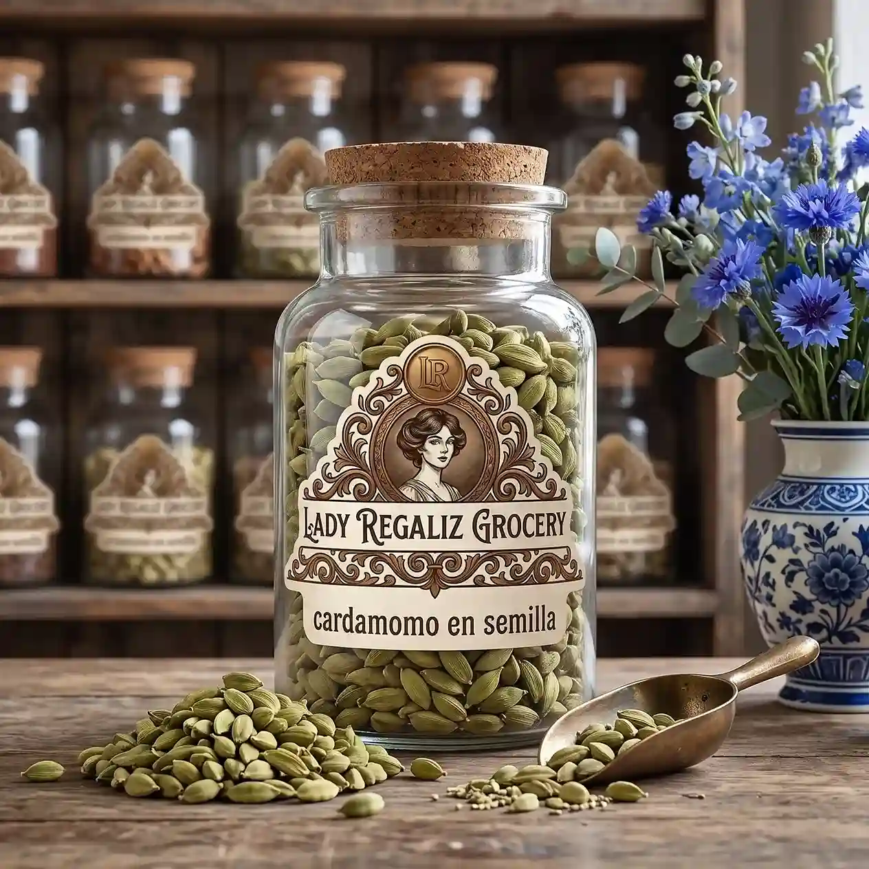 Vainas de cardamomo entero verde en frasco de vidrio antiguo con tapón de corcho sobre mesa de madera con un montoncito de semillas de cardamomo y una palita de cobre, al fondo un florero de porcelana con vivos azules y unas flores azules con ramas de eucalipto, se ve también la estantería y frascos de especias de Lady Regaliz Grocery.