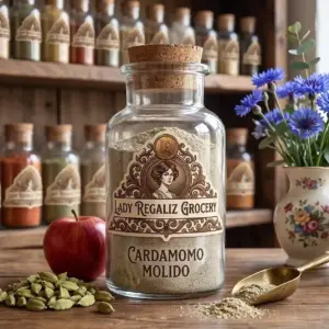 Cardamomo molido fino de tono beige verdoso en frasco de botica vintage sobre mesa de madera con manzana roja y semillas de cardamomo, a un lado florero de porcelana con flores azules y palita de cobre, al fondo estantería con frascos de especias de Lady Regaliz Grocery.