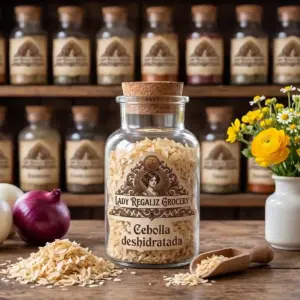 Cebolla deshidratada en trozos pequeños dentro de frasco vintage, sobre mesa de madera con cebollas frescas, cebolla deshidratada, palita de madera y florero blanco con flores amarillas de Lady Regaliz Grocery.