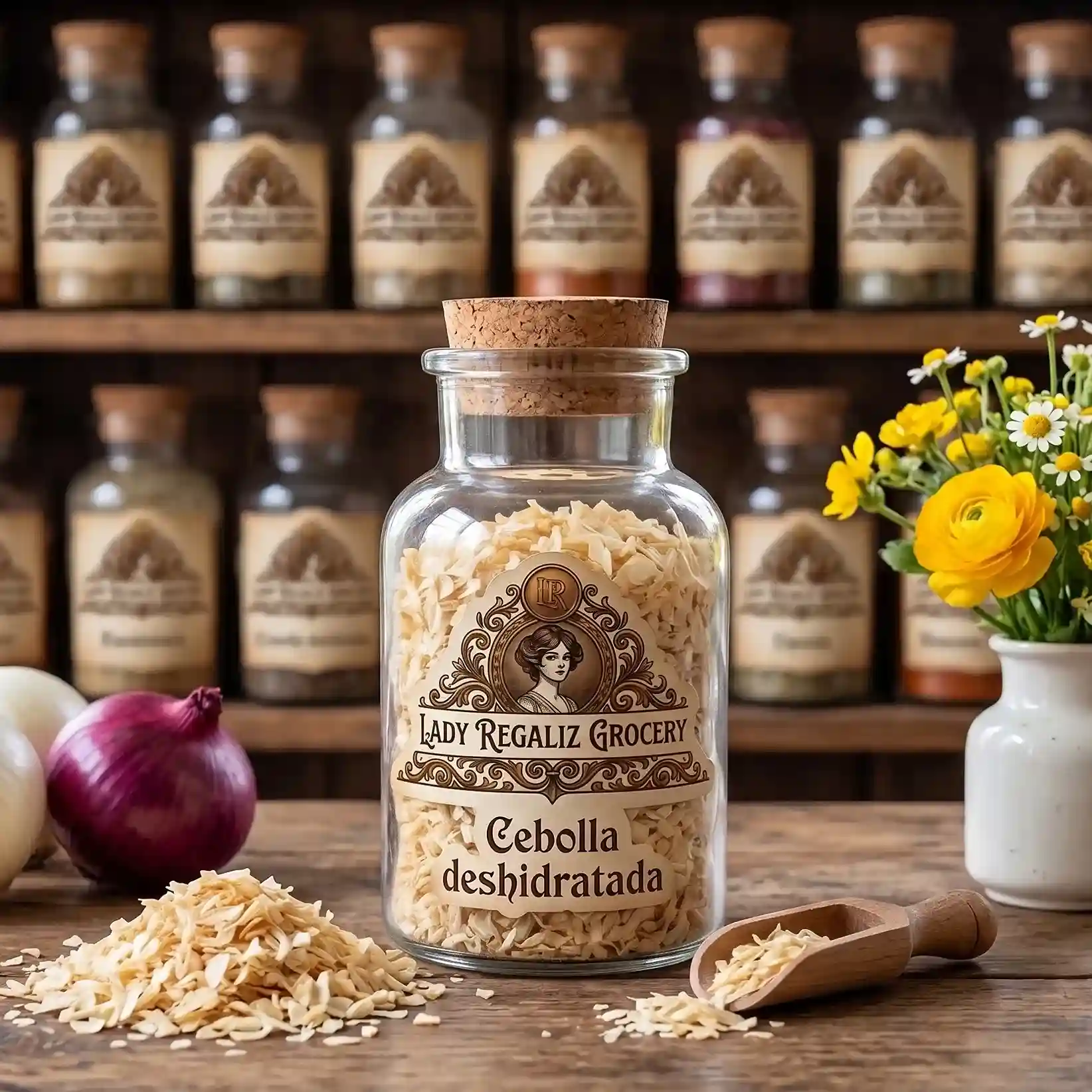 Cebolla deshidratada en trozos pequeños dentro de frasco vintage, sobre mesa de madera con cebollas frescas, cebolla deshidratada, palita de madera y florero blanco con flores amarillas de Lady Regaliz Grocery.