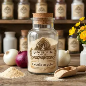 Cebolla en polvo fina en frasco artesanal con tapón de corcho, sobre mesa de madera con montoncito de cebolla en polvo, palita de madera y florero blanco con flores amarillas, al fondo más frascos de Lady Regaliz Grocery.