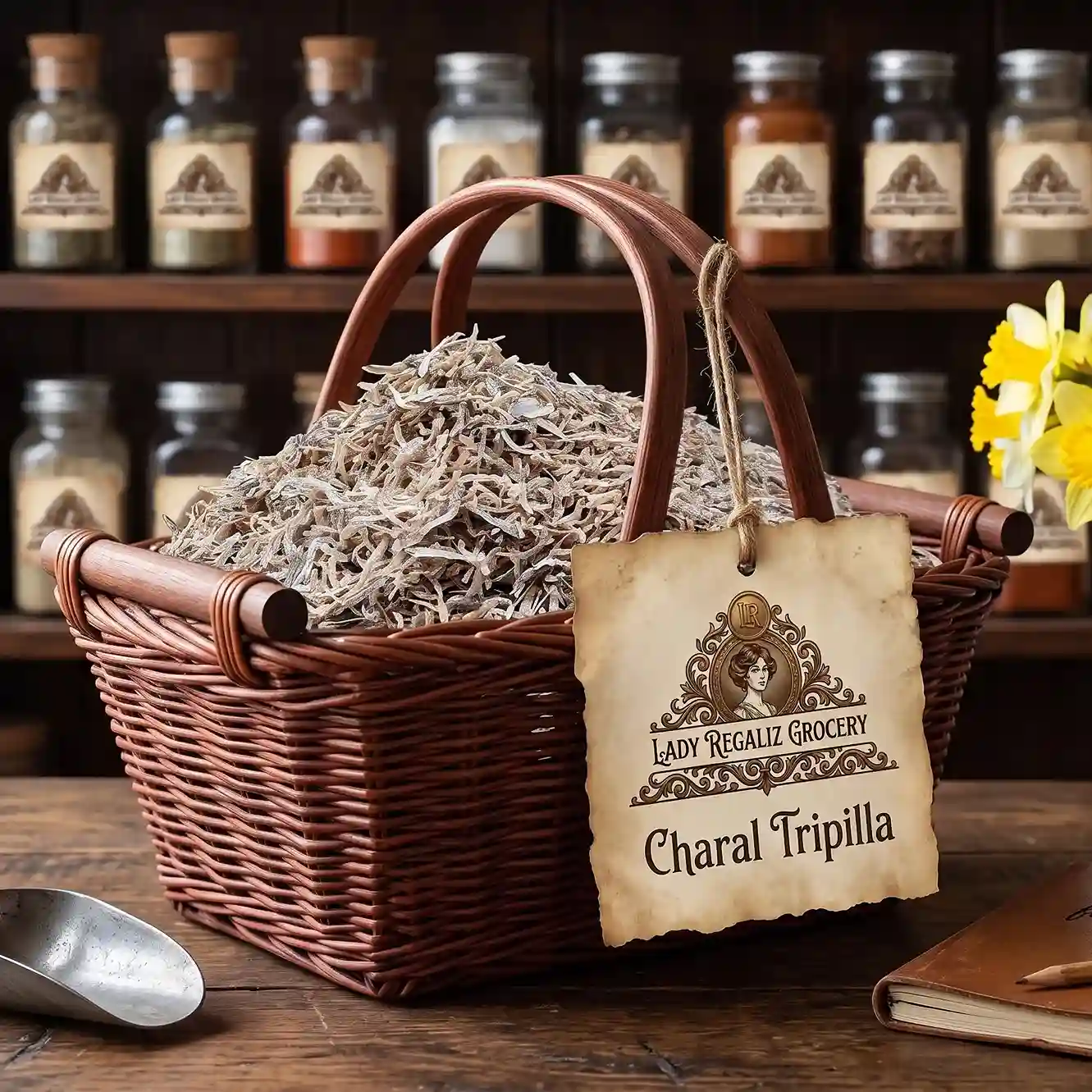 Charales secos tipo tripilla pequeños y tradicionales en canasta rústica, sobre mesa de madera, acompañada de palita de latón, libreta con recetas familiares, flores amarillas, al fondo un estante de madera con frascos de frutas deshidratadas de Lady Regaliz Grocery.