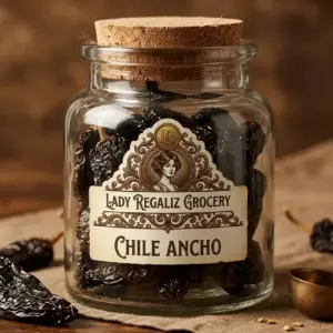 Chile ancho seco de color rojizo profundo en frasco de vidrio artesanal sobre mesa de madera en Lady Regaliz Grocery.