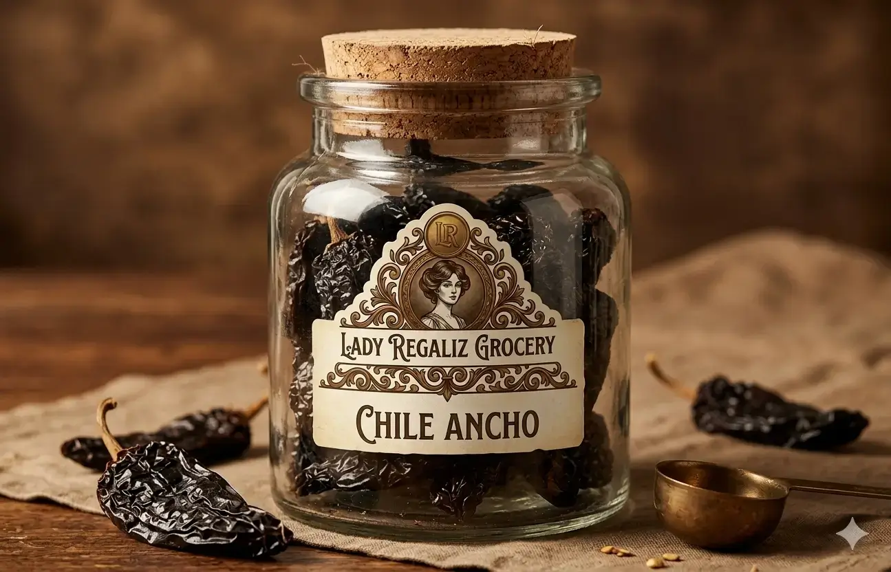 Chile ancho seco de color rojizo profundo en frasco de vidrio artesanal sobre mesa de madera en Lady Regaliz Grocery.