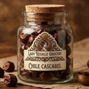 Chile cascabel seco de forma esférica y tono café rojizo en frasco antiguo de vidrio de Lady Regaliz.