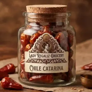 Chile catarina seco de forma ovalada y color rojo brillante en frasco de vidrio artesanal para Lady Regaliz Grocery.