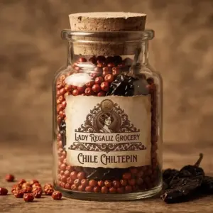 Chiles chiltepín secos y redondos de tono rojo intenso en frasco tradicional antiguo de vidrio con tapón de corcho de Lady Regaliz Grocery