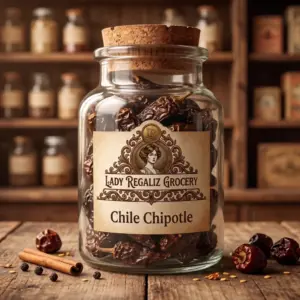 Chile chipotle seco y arrugado de tono café rojizo en frasco de vidrio de época con tapón de corcho en Lady Regaliz Grocery.