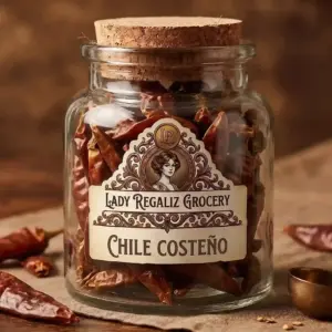 Chiles costeños secos de forma alargada y color rojo canela en frasco de botica vintage para Lady Regaliz Grocery.