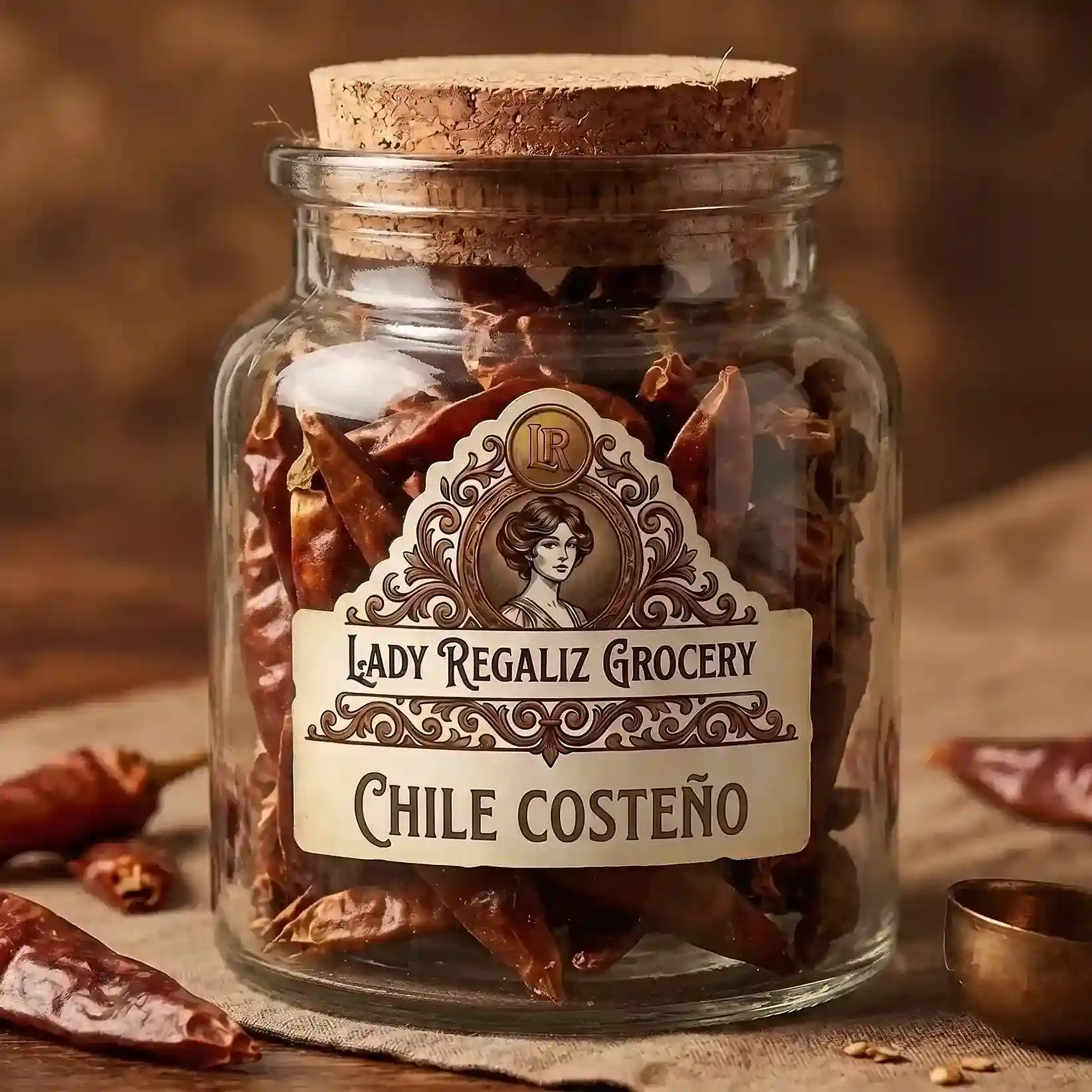 Chiles costeños secos de forma alargada y color rojo canela en frasco de botica vintage para Lady Regaliz Grocery.