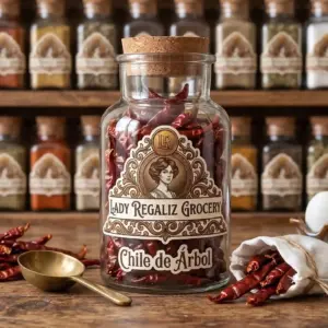 Chiles de árbol secos y delgados de color rojo brillante en frasco vintage, sobre mesa de madera acompañado de palita de latón y costalito de tela con chile de árbol seco, al fondo un estante de madera con frascos de condimentos de Lady Regaliz Grocery.