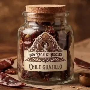 Chiles guajillos secos, alargados y rojizos en frasco de vidrio antiguo con corcho de Lady Regaliz Grocery.