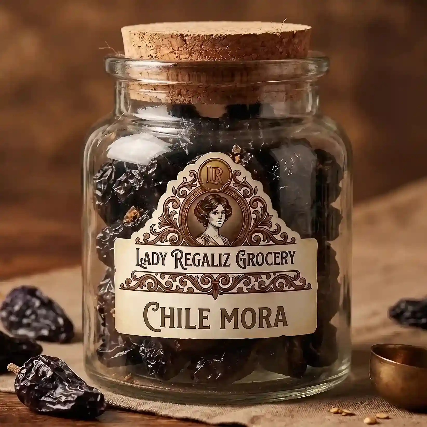 Chiles mora secos y arrugados de tono rojizo oscuro en frasco de botica vintage sobre mesa de madera en Lady Regaliz.