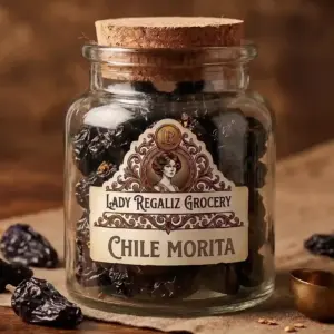 Chiles morita secos y ahumados con matices purpúreos en frasco vintage con tapón de corcho en Lady Regaliz.