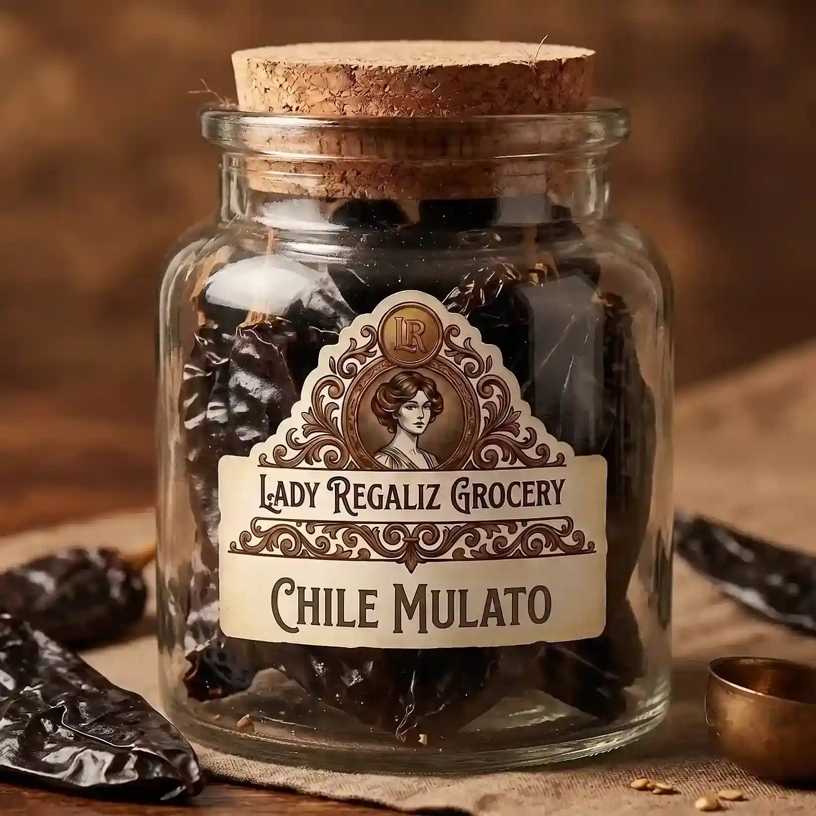 Chile mulato seco, ancho y de color chocolate oscuro en frasco artesanal de época para Lady Regaliz.
