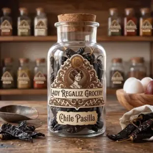 Chile pasilla seco de tono oscuro y piel arrugada en frasco artesanal de vidrio vintage, sobre mesa de madera con chile pasilla esparcido, palita de latón, huevera con huevos rojos y blancos y al fondo un estante de la tienda de Lady Regaliz Grocery con condimentos.