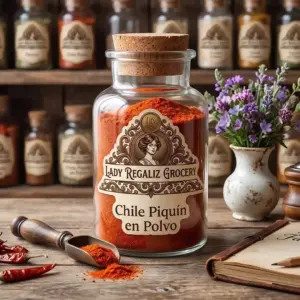 Chile piquín seco en polvo de color rojo ladrillo en frasco vintage con etiqueta antigua, sobre mesa de madera con palita de aluminio, florero blanco con flores moradas, cuaderno de recetas y lapis, al fondo la estantería de madera con frascos de especias de Lady Regaliz Grocery.