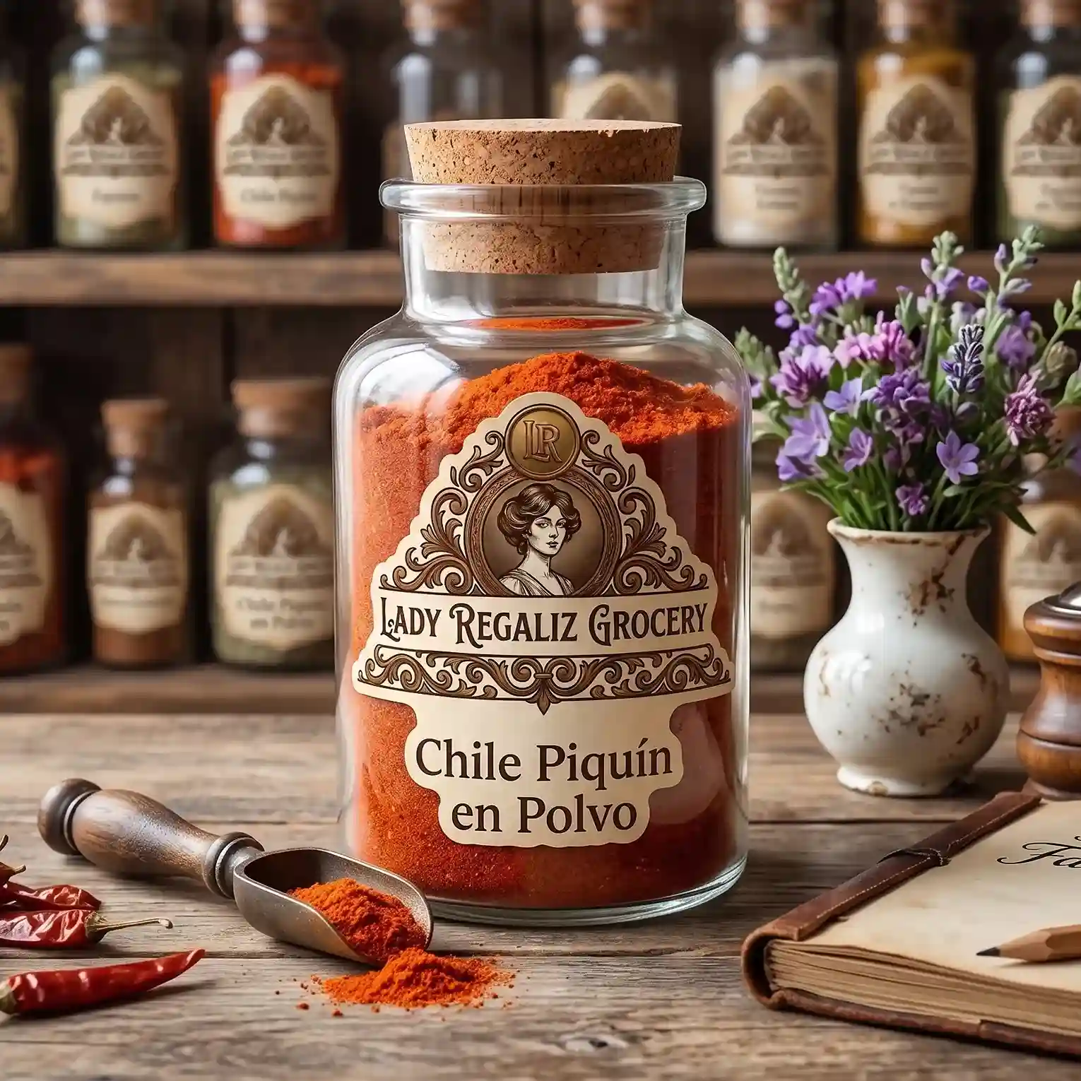 Chile piquín seco en polvo de color rojo ladrillo en frasco vintage con etiqueta antigua, sobre mesa de madera con palita de aluminio, florero blanco con flores moradas, cuaderno de recetas y lapis, al fondo la estantería de madera con frascos de especias de Lady Regaliz Grocery.